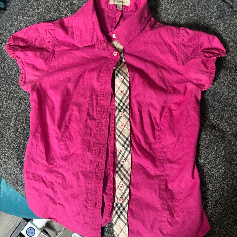 Burberry Hot Pink Short Sleeve Button-Up Blouse with Check Trim